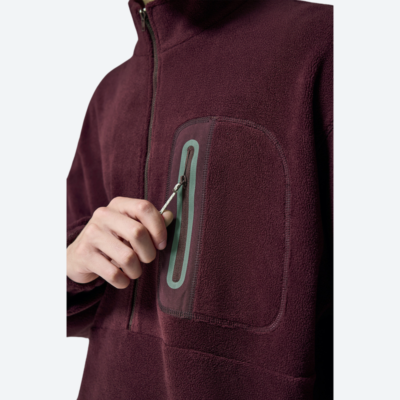 Women's versatile fleece pullover with zip chest pocket - burgundy half-zip fleece sweatshirt, for travel and daily commute
