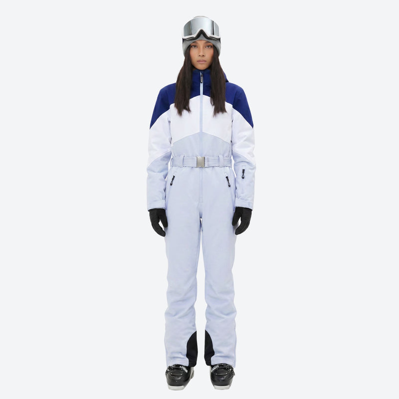 Women's waterproof one-piece snow suit with fur hood - ice blue navy colorblock one-piece snow suit, on-model front view