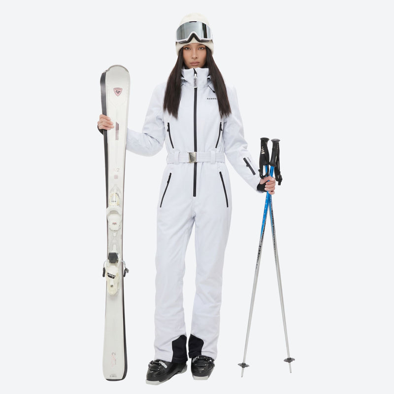 Women's waterproof one-piece snow suit with fur hood - white one-piece snow suit, for cold-weather winter sports