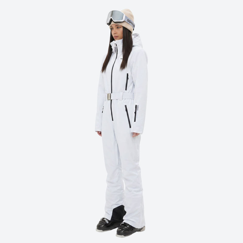 Women's breathable jumpsuit ski suit with waist belt - white one-piece snow suit, for skiing and snowboarding