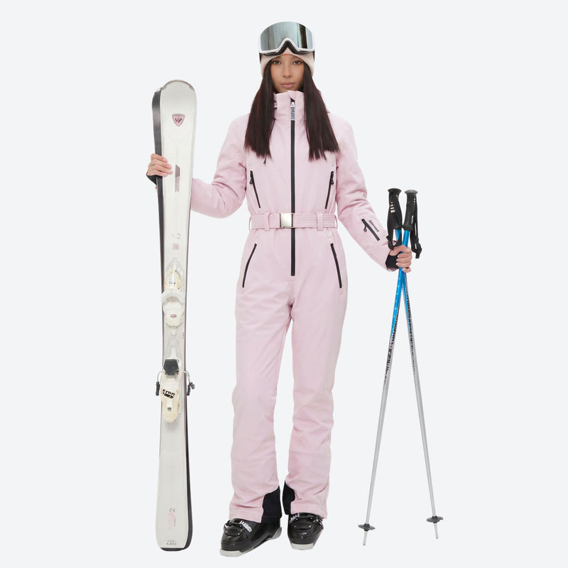 Women's breathable jumpsuit ski suit with waist belt - pink one-piece snow suit, for powder and piste riding