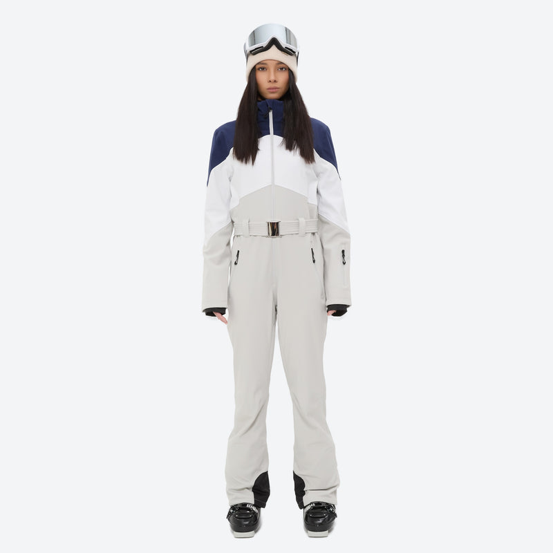 Women's breathable jumpsuit ski suit with waist belt - cream navy colorblock one-piece snow suit, on-model front view