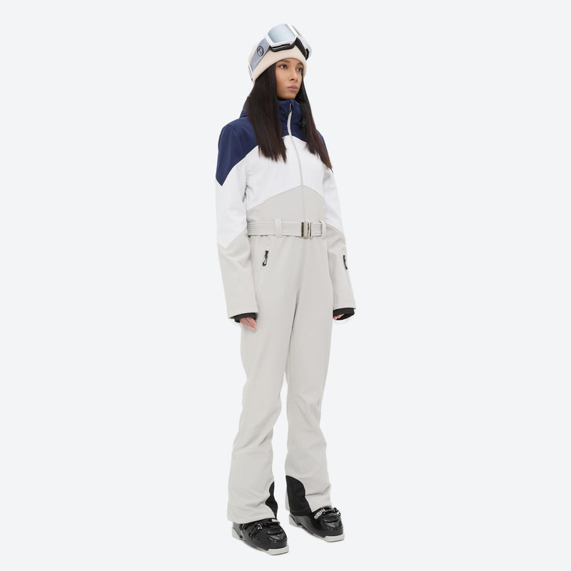 Women's one-piece snowboard suit with flared legs - cream navy colorblock one-piece snow suit, for powder and piste riding