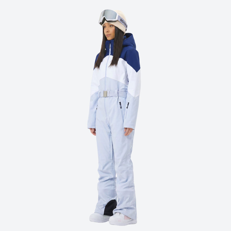 Women's breathable jumpsuit ski suit with waist belt - ice blue navy colorblock one-piece snow suit, on-model side view