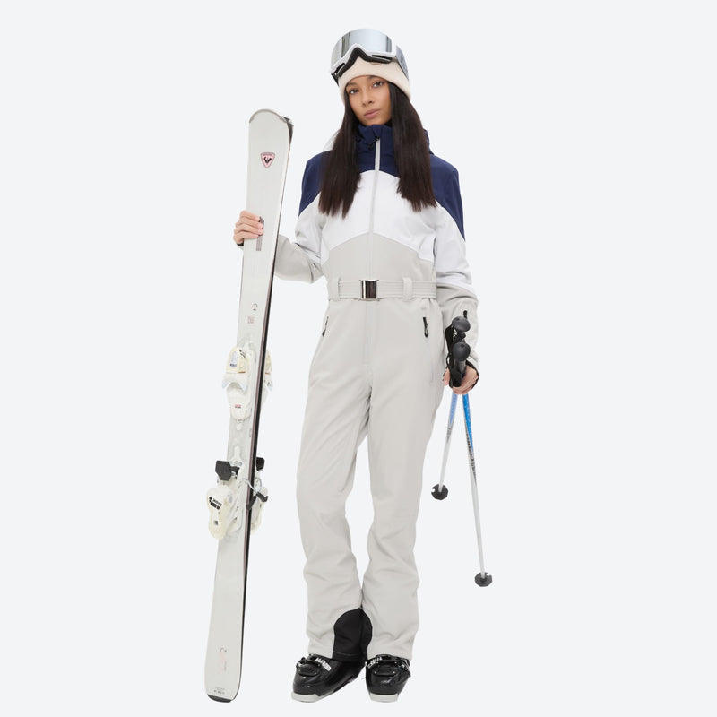 Women's waterproof one-piece snow suit with fur hood - cream navy colorblock one-piece snow suit, for skiing and snowboarding
