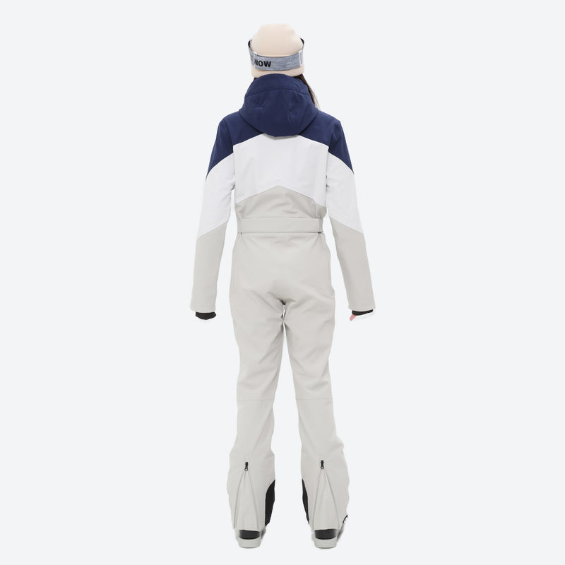 Women's breathable jumpsuit ski suit with waist belt - cream navy colorblock one-piece snow suit, for skiing and snowboarding