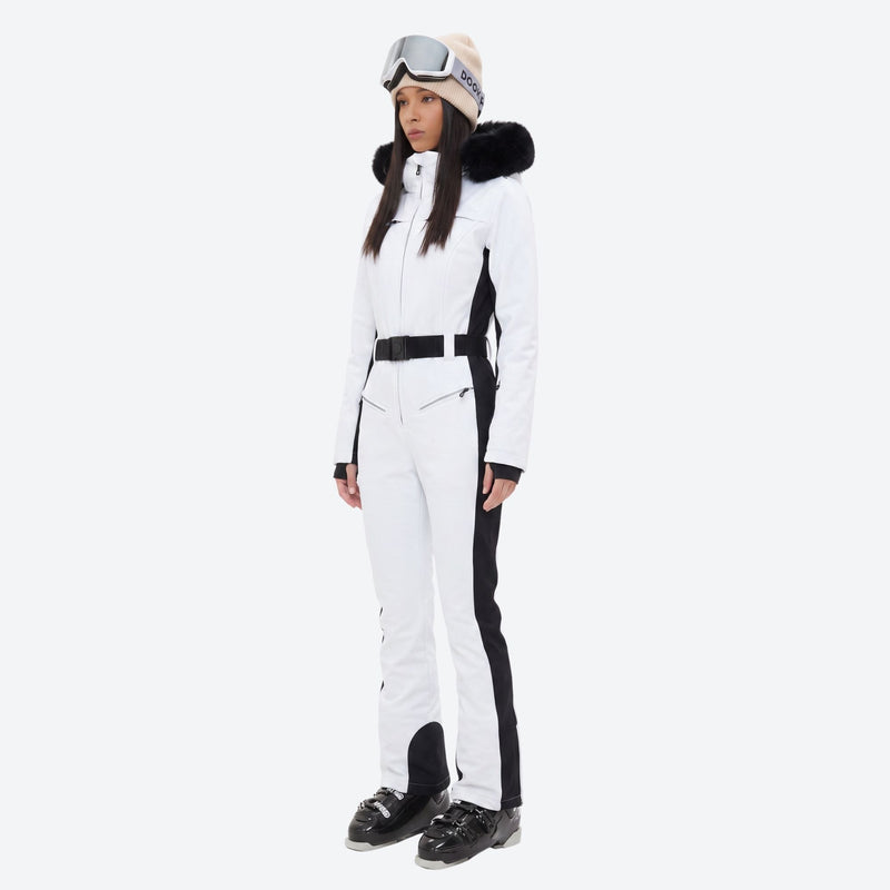 Women's breathable jumpsuit ski suit with waist belt - white one-piece snow suit, for cold-weather winter sports