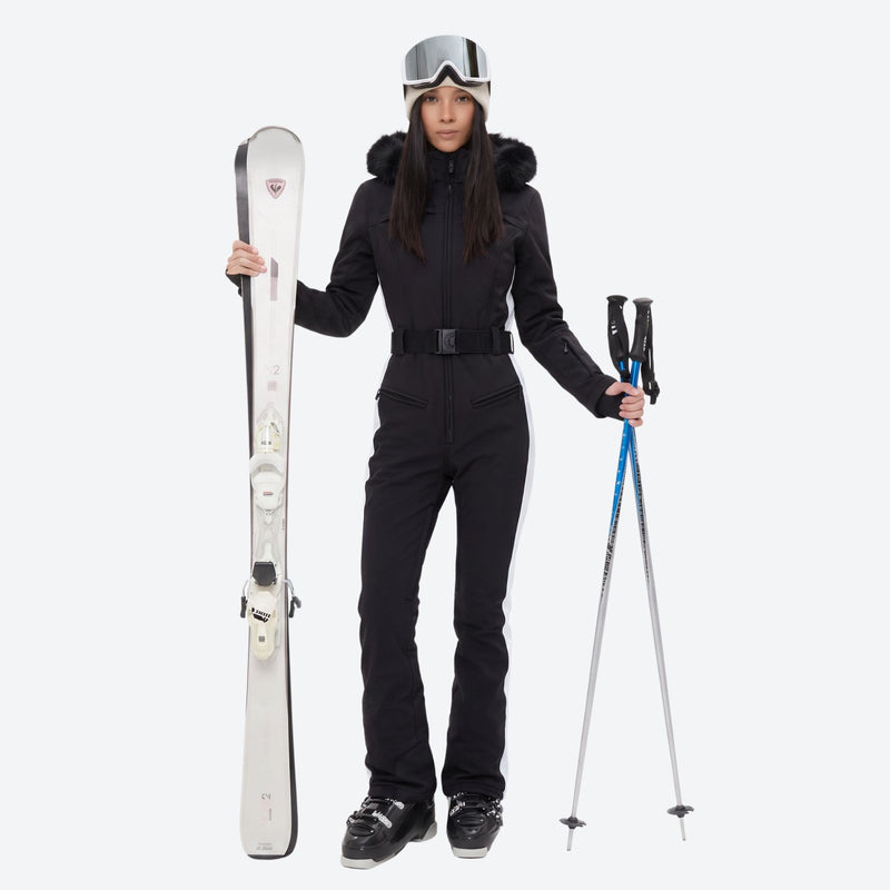 Women's one-piece snowboard suit with flared legs - black one-piece snow suit with fur hood, for resort and backcountry days
