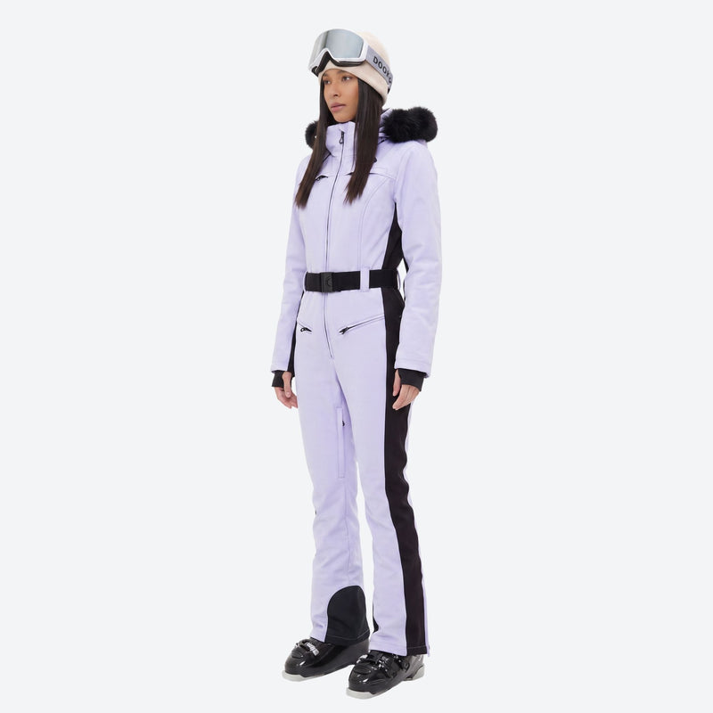 Women's breathable jumpsuit ski suit with waist belt - lavender one-piece snow suit, for skiing and snowboarding