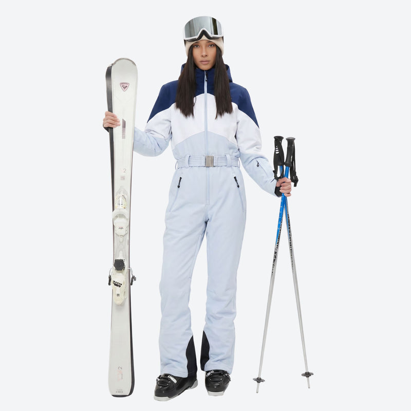 Women's one-piece snowboard suit with flared legs - ice blue navy colorblock one-piece snow suit, for skiing and snowboarding