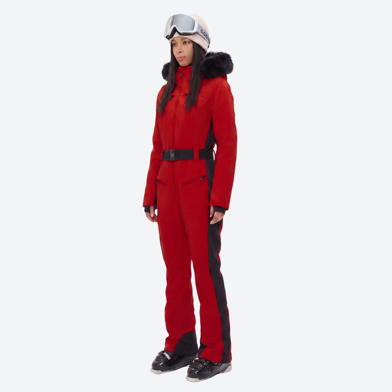 Women's waterproof one-piece snow suit with fur hood - red one-piece snow suit, for resort and backcountry days