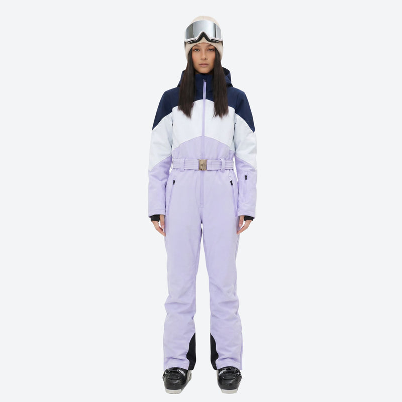 Women's waterproof one-piece snow suit with fur hood - lavender navy colorblock one-piece snow suit, on-model front view