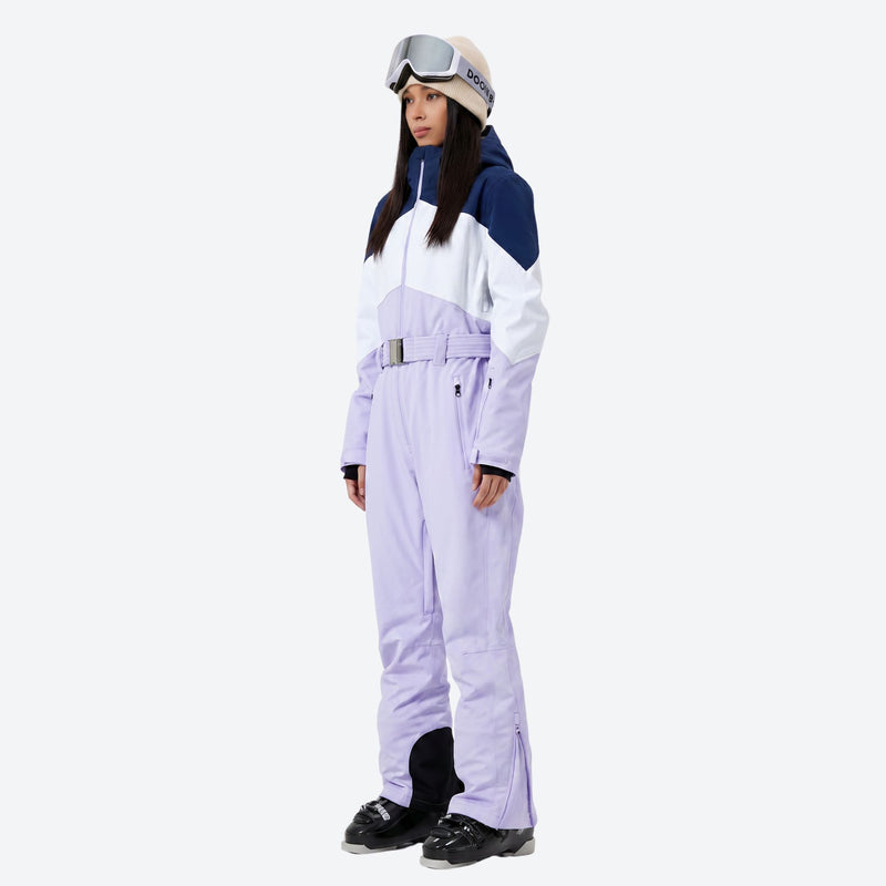 Women's breathable jumpsuit ski suit with waist belt - lavender navy colorblock one-piece snow suit, on-model side view