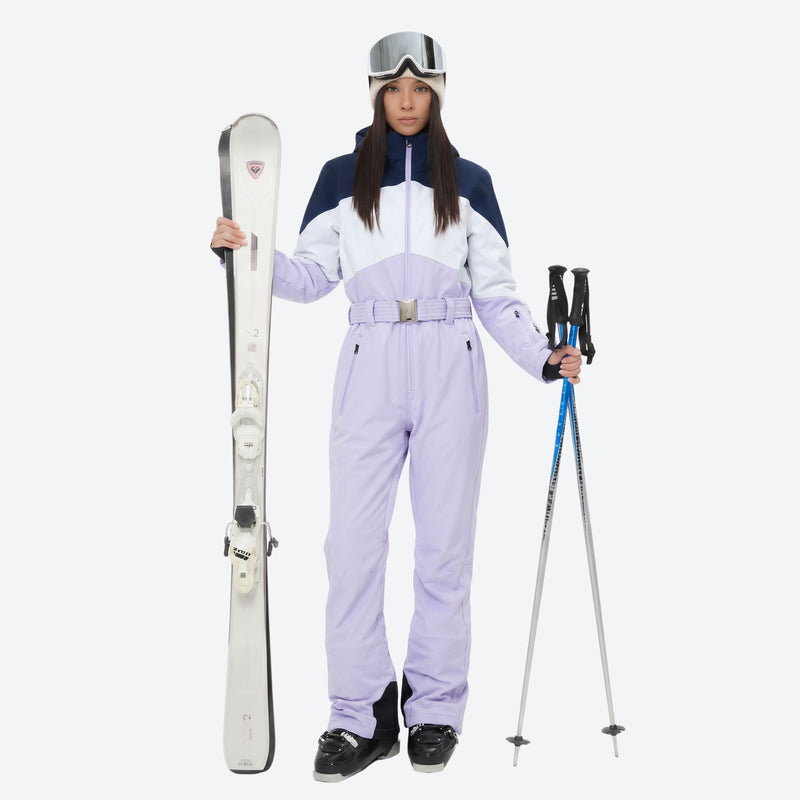 Women's one-piece snowboard suit with flared legs - lavender navy colorblock one-piece snow suit