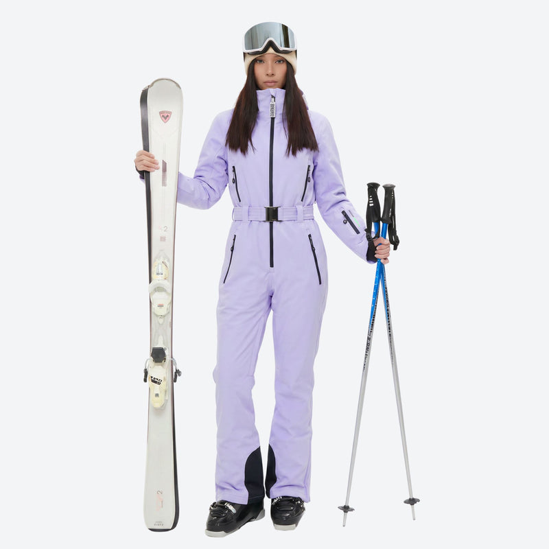 Women's waterproof one-piece snow suit with fur hood - lavender one-piece snow suit, for skiing and snowboarding