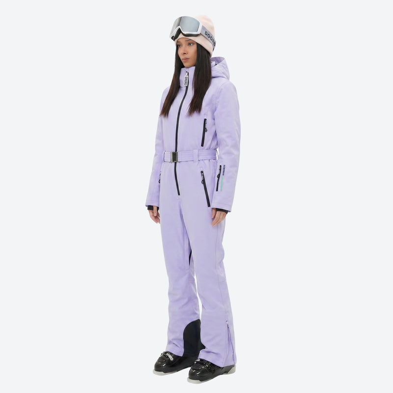 Women's breathable jumpsuit ski suit with waist belt - lavender one-piece snow suit, for resort and backcountry days