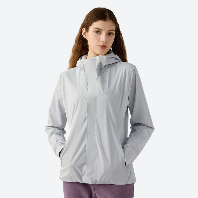 Women's lightweight softshell rain jacket with pockets - light gray softshell jacket, for resort and street wear