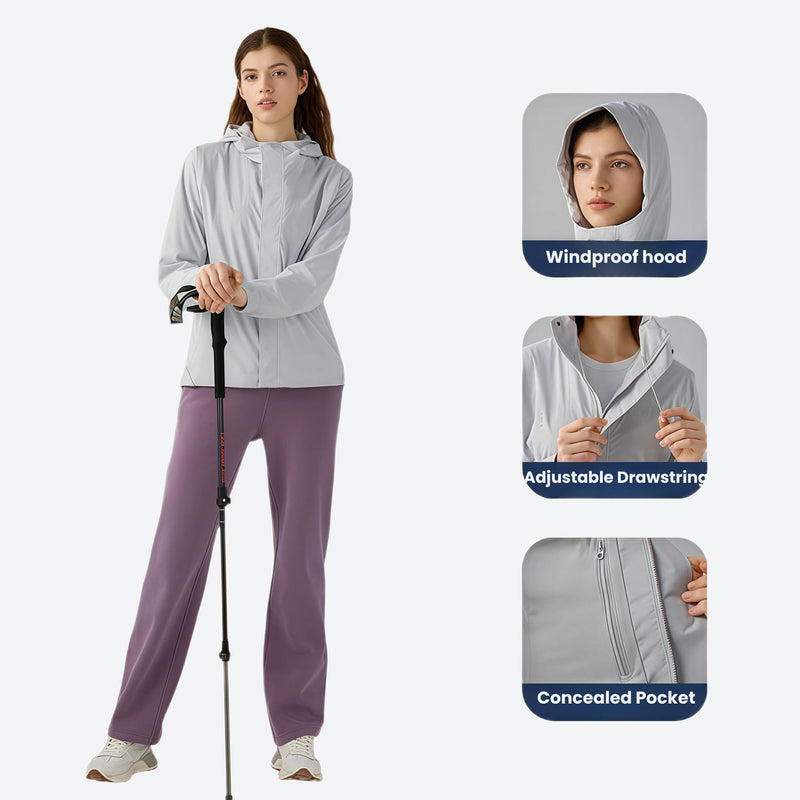 Women's waterproof softshell jacket with hood - light gray softshell jacket, for cold-weather outdoor wear