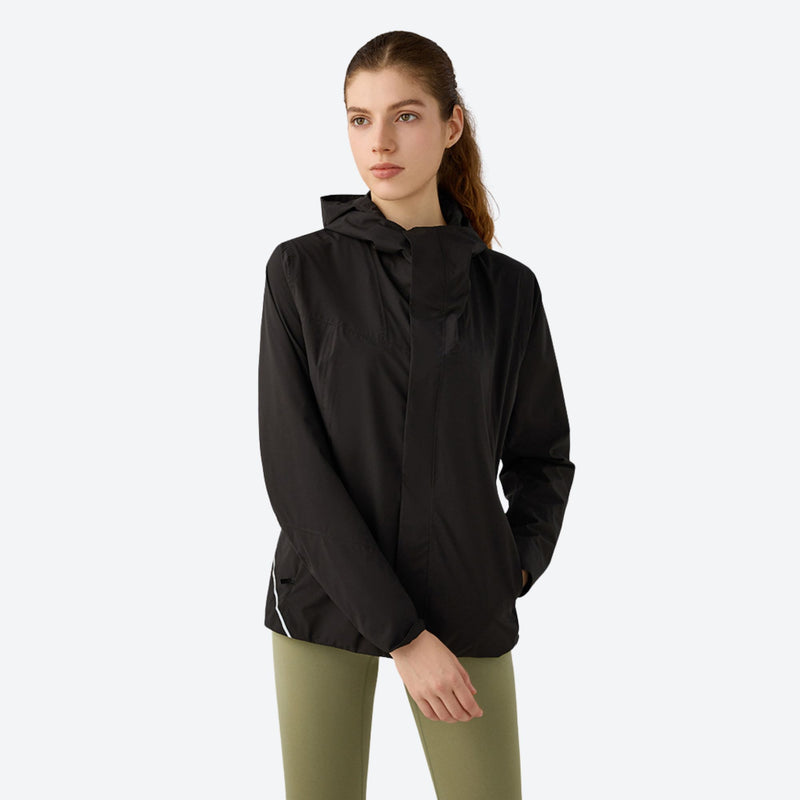 Women's waterproof softshell jacket with hood - black softshell jacket, on-model front view, for resort and street wear