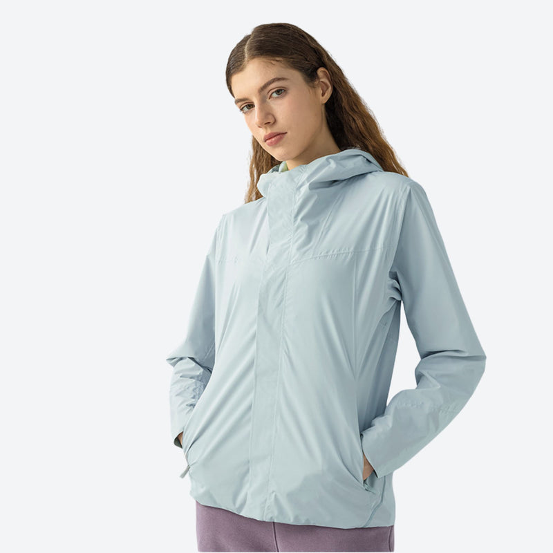 Women's waterproof softshell jacket with hood - ice blue softshell jacket, for travel and daily commute