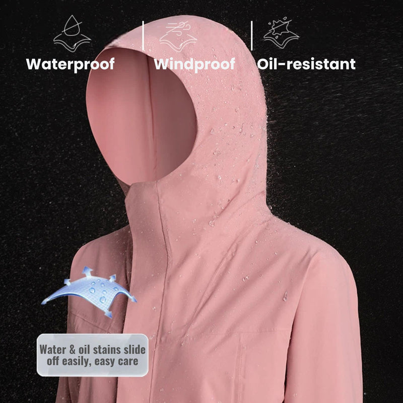 Women's waterproof softshell jacket with hood - pink, three-proof hood infographic, for resort and street wear