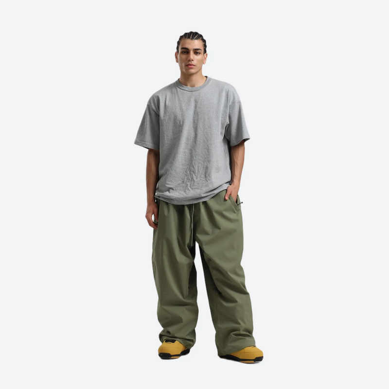 Men's waterproof 2L snow jacket and pants - olive green snow pants with gray tee, for resort and street wear