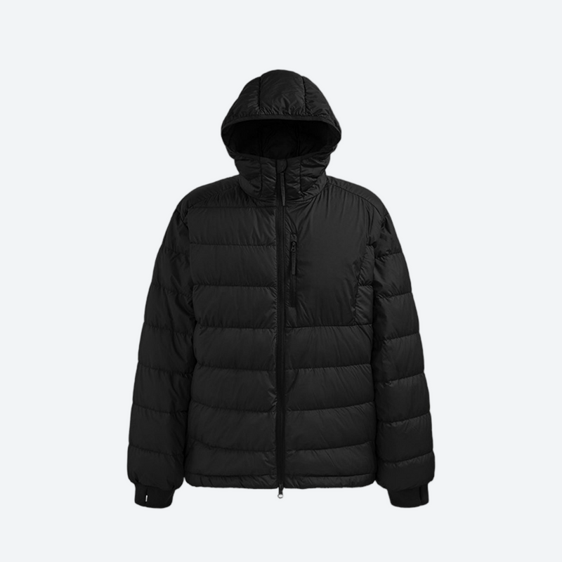 Men's warm packable hooded down midlayer - black lightweight down hooded jacket, for hiking and trail walking