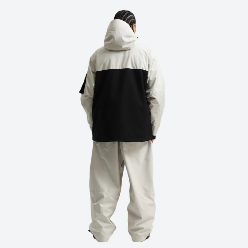 Men's breathable 2-layer snowboard jacket and pants - cream and black colorblock jacket with cream pants