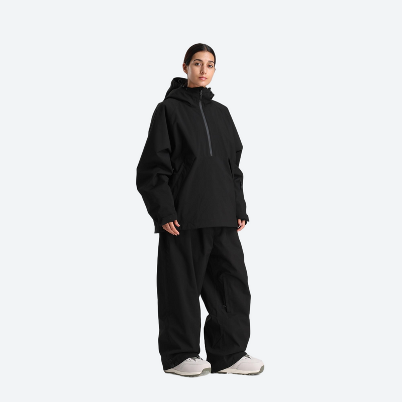 Women's breathable ski pullover jacket and pants set - black anorak jacket with black snow pants, for skiing and snowboarding