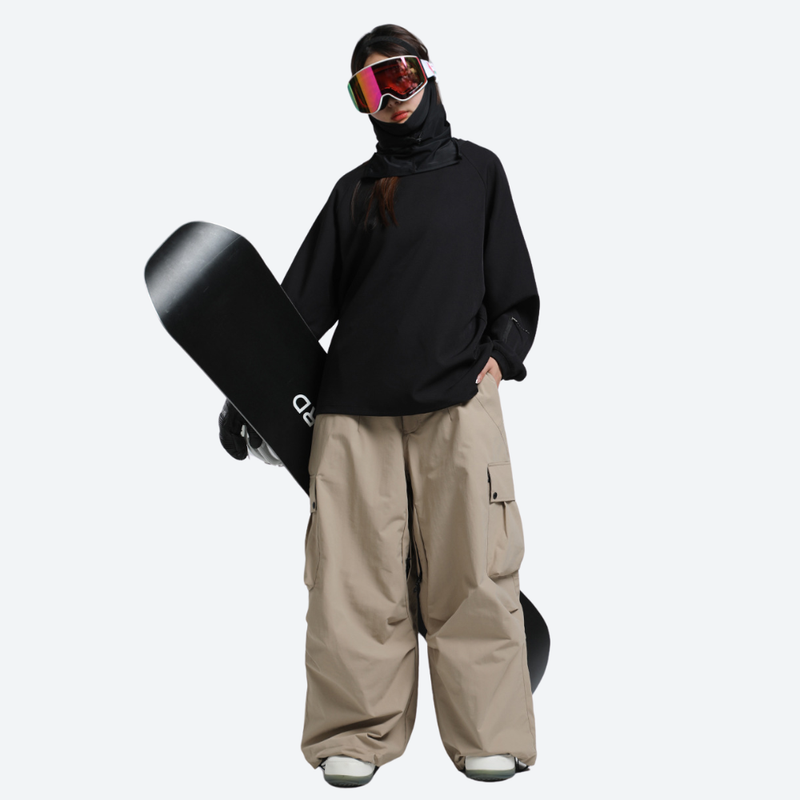 Women's adjustable snowboard pants with gaiters - tan snow pants, for cold-weather winter sports