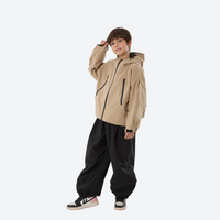 
                  
                    Kids 3L waterproof snow jacket and pants suit - tan jacket with black pants, for family resort ski days
                  
                