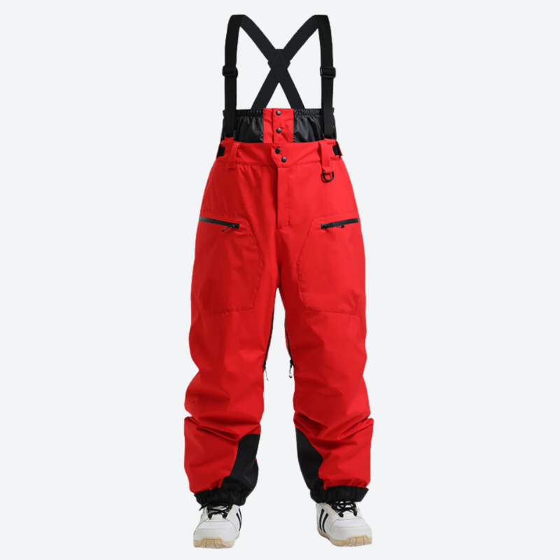 Insulated bib snow pants for men - red bib pants, front view with cross-back suspenders, for deep powder winter days