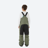 
                  
                    Kids breathable snowboard jacket and bib pants set - olive bib pants with black knee patches, kids on-model back view
                  
                
