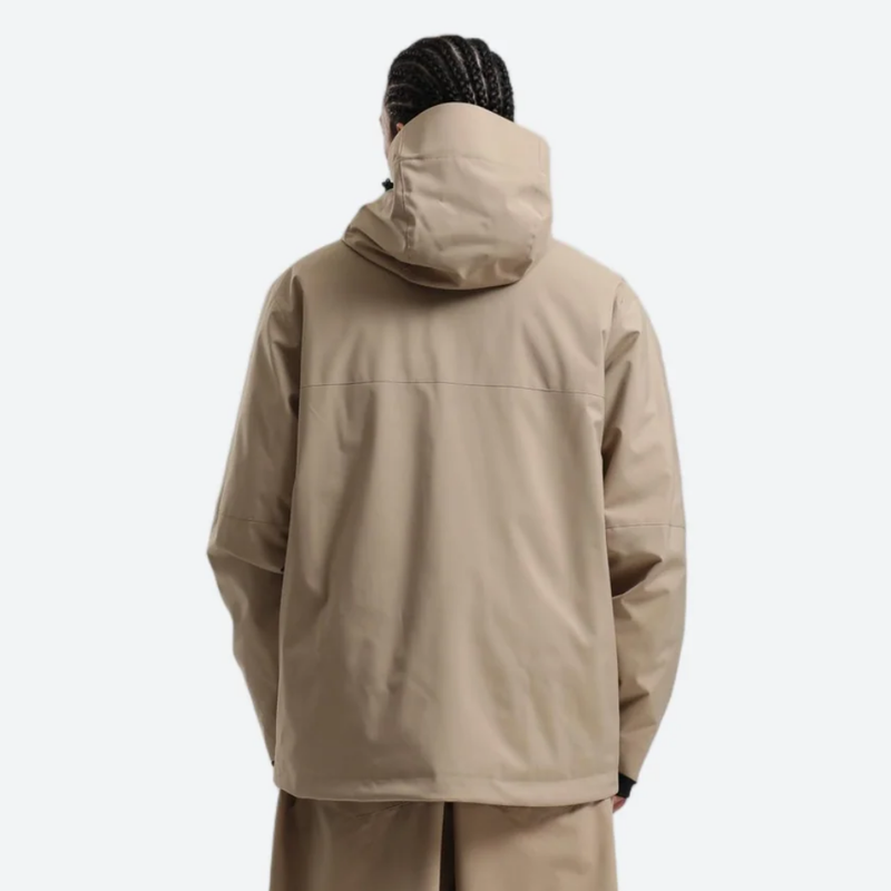 Men's waterproof 2L pullover snow jacket and pants - tan, on-model back hood view, for powder days and winter commute