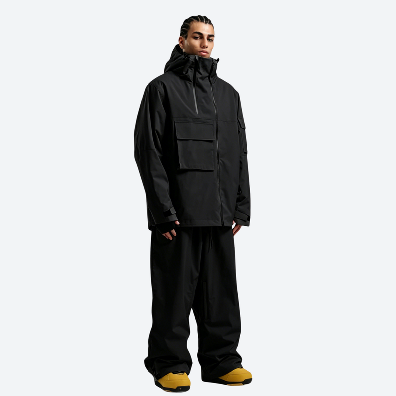 Men's waterproof 2L snow jacket and pants - black jacket with black pants, for resort and street wear