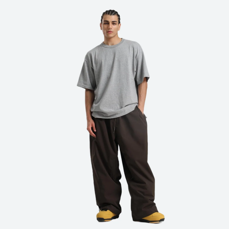 Men's colorblock ski anorak set - coffee brown snow pants, on-model front view, for resort and street wear