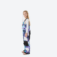 
                  
                    Kids breathable snowboard jacket and bib pants set - purple teal camo print bib pants, for family resort ski days
                  
                