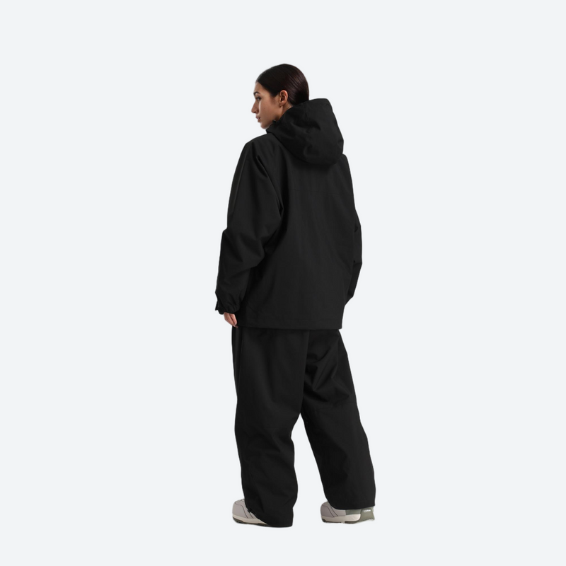 Women's 2-layer snowboard jacket and pants - black anorak jacket with black snow pants, for powder days and winter commute