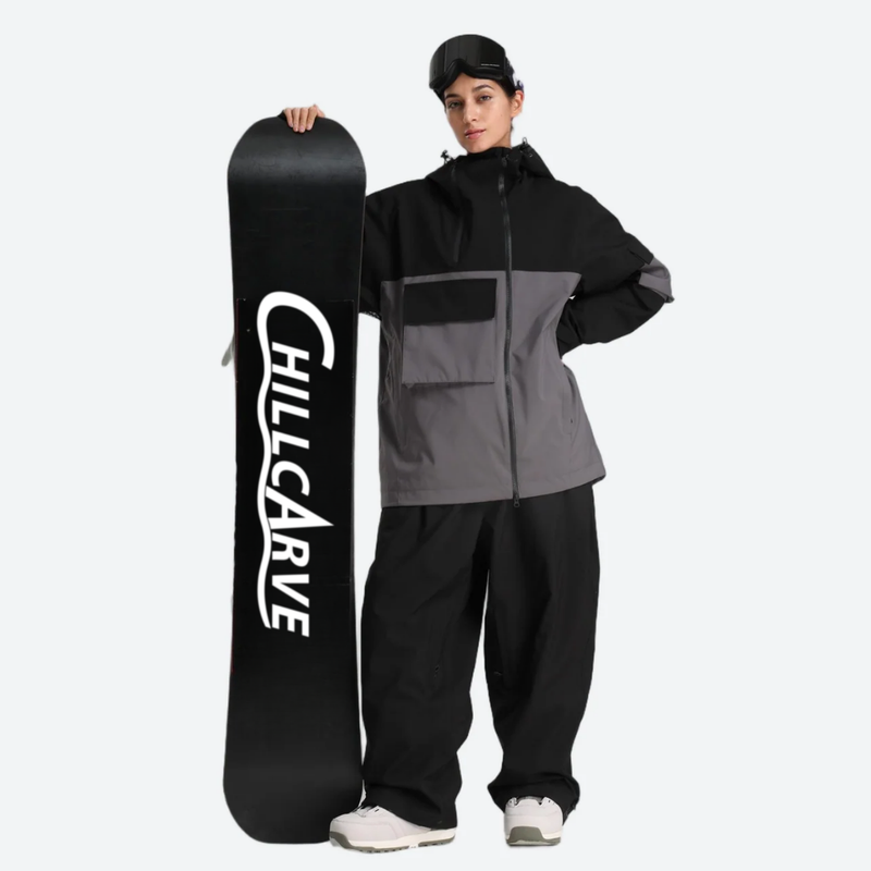 Women's colorblock ski pullover set - black and gray colorblock jacket with black pants, high storm collar blocks wind