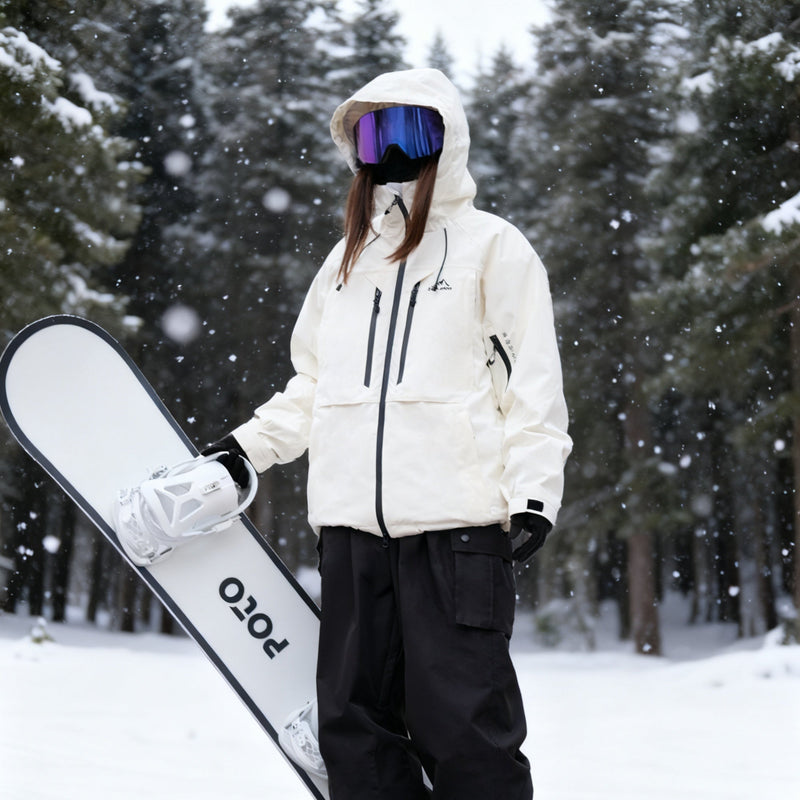 Women's breathable ski jacket and anorak set - white jacket with black pants, for skiing and snowboarding