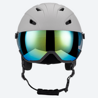 
                  
                    Lightweight ski helmet with integrated goggle look - matte light gray snow helmet with mirror goggles, for resort ski days
                  
                
