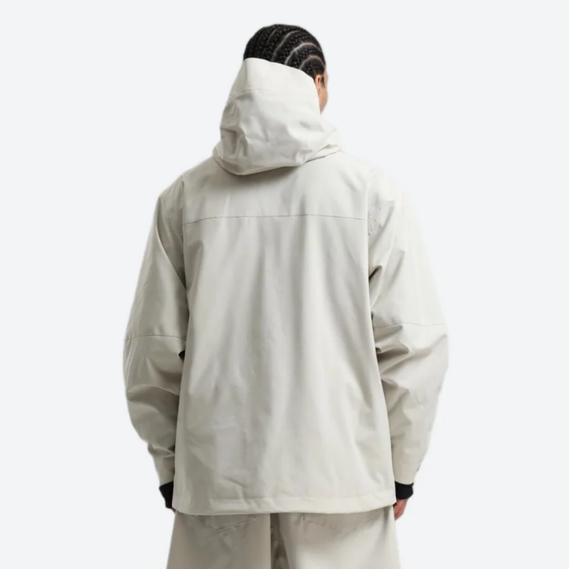 Men's breathable ski jacket with chest zip pockets - white jacket, on-model back view, for powder days and winter commute