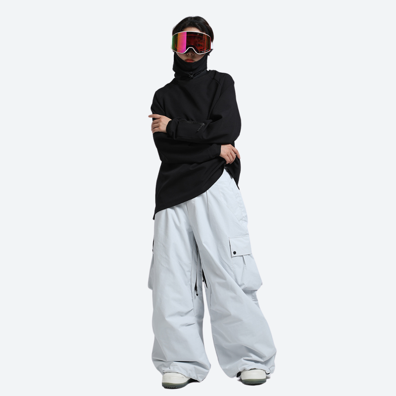 Women's adjustable snowboard pants with gaiters - light gray snow pants with cream top, for resort and backcountry days