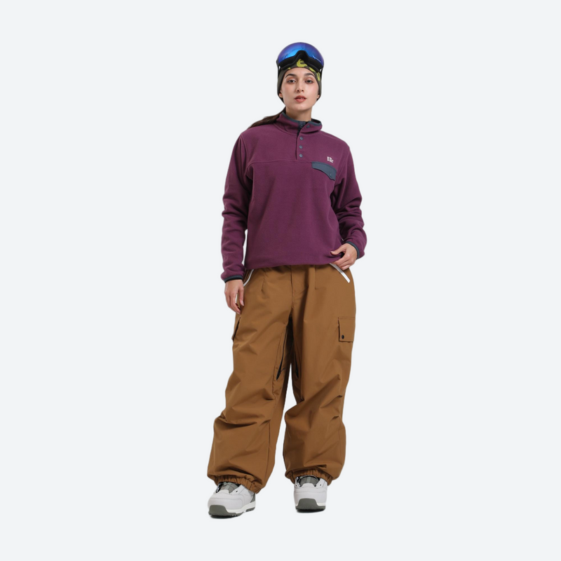 3-layer snowboard cargo pants - tan snow pants with purple pullover, on-model front view, for resort and street wear