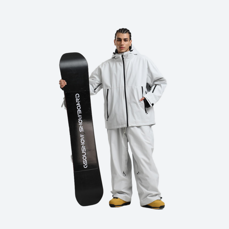Men's breathable ski jacket with wide-leg pants - light gray jacket with light gray pants, for skiing and snowboarding
