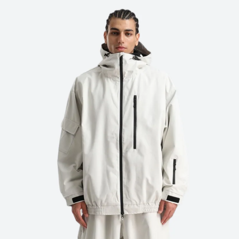 Breathable 3-layer ski pullover with balloon pants - white jacket, on-model front view, for skiing and snowboarding