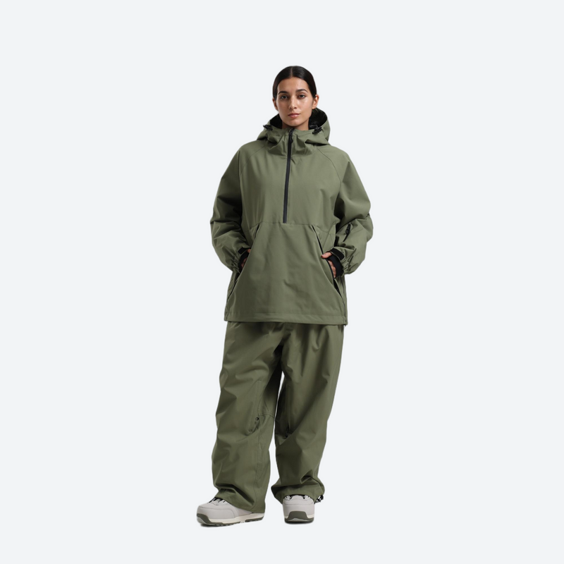 Women's breathable ski pullover jacket and pants set - sage green anorak jacket with sage pants, for resort and street wear