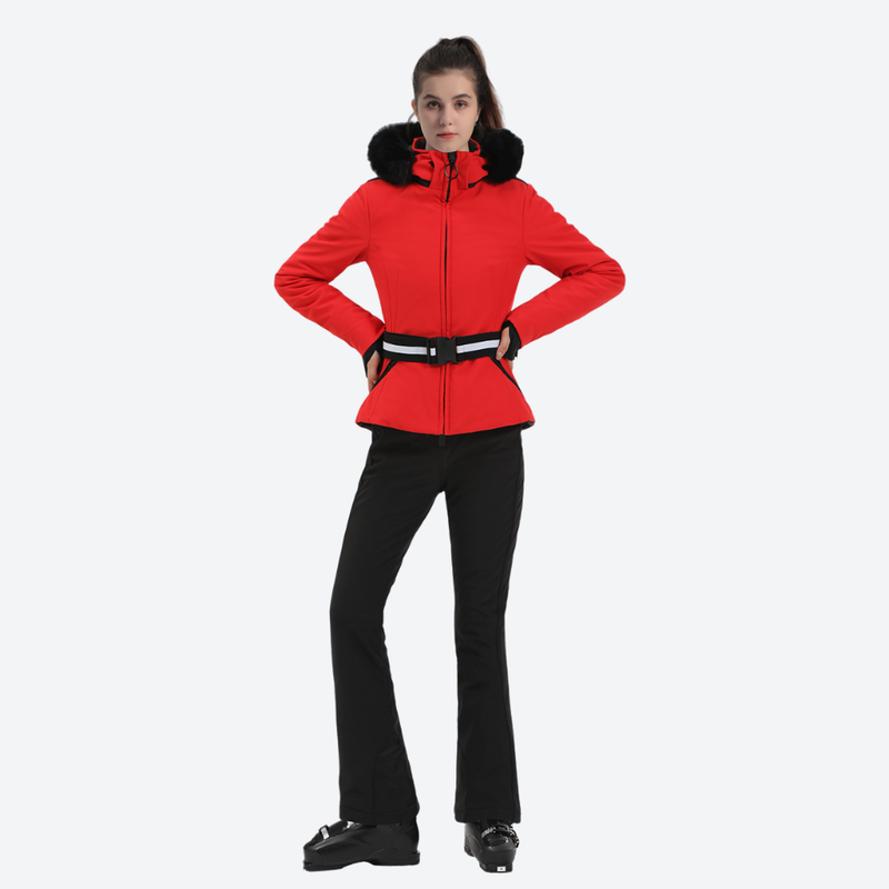 Women's waisted waterproof ski jacket - red slim fit ski jacket with fur collar, for winter mountain trips