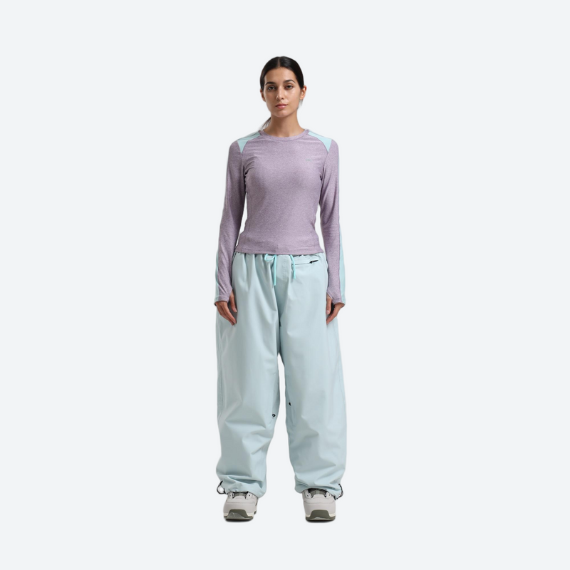 Women's waterproof 2L anorak snow jacket and pants - lavender base layer top with mint snow pants, for resort and street wear