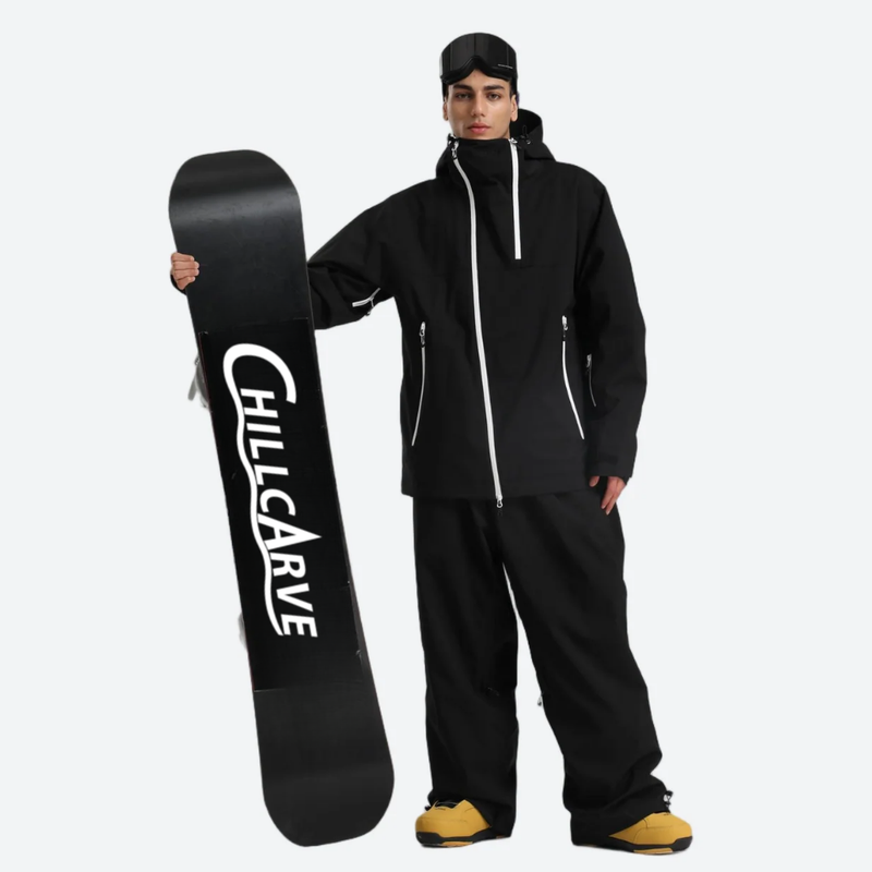 Men's breathable 2L snowboard jacket and pants - black, on-model front with upright snowboard, for cold-weather winter sports
